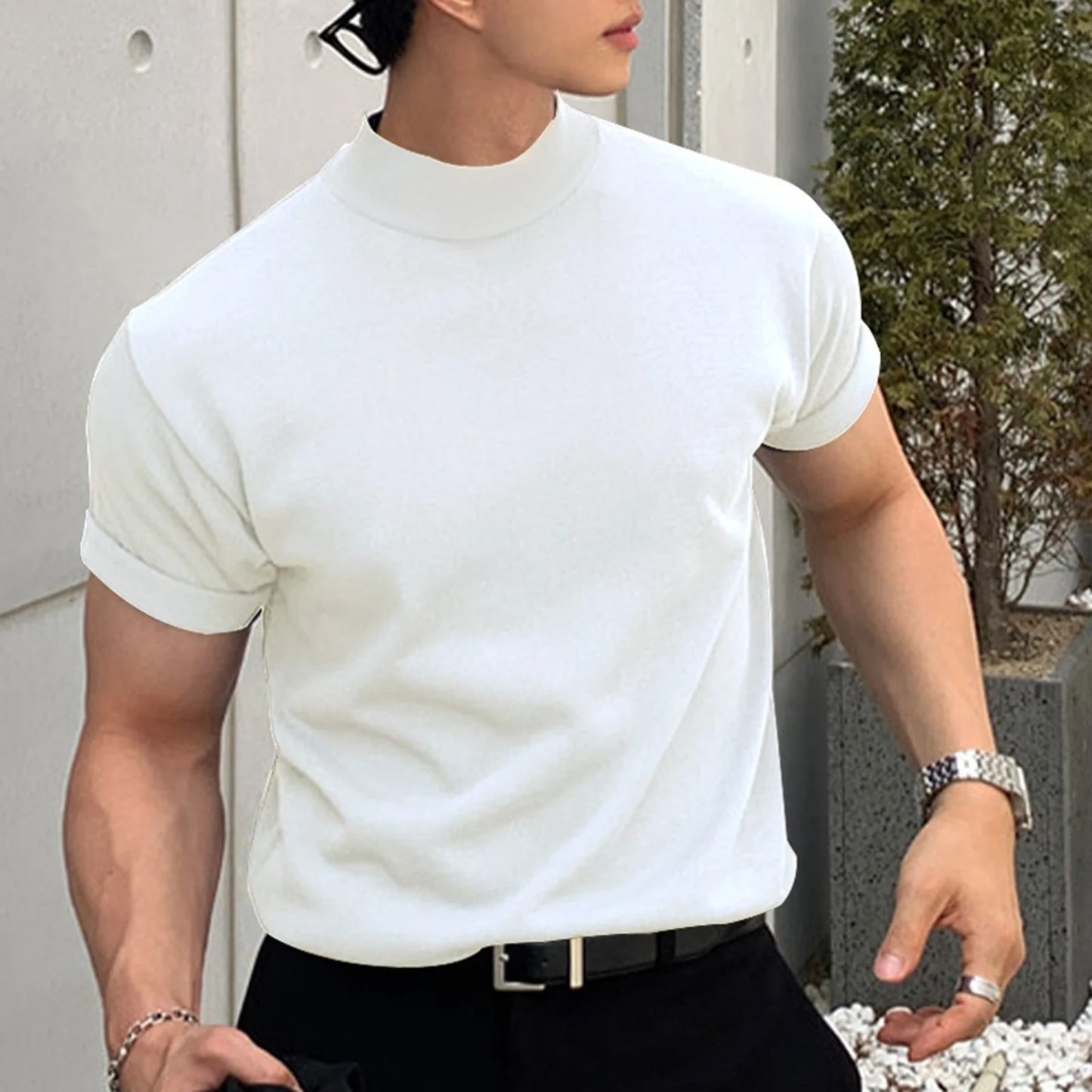 high neck short sleeve shirt